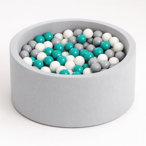 Angelove Piscine à Balles Ø 90 × 30 cm avec 200 Balles - Bassin Rond en Mousse à Housse Amovible, Coton, Gris Clair