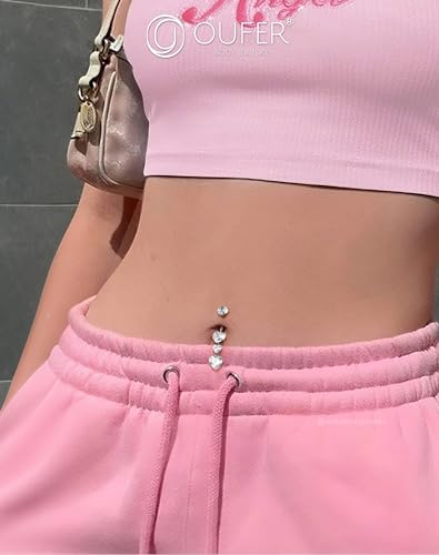 OUFER Titanium Belly Button Rings, Heart Belly Rings Dangling, Internally Threaded Belly Button Piercings, Long Dangle Navel Piercing Jewelry, Belly Rings for Women2
