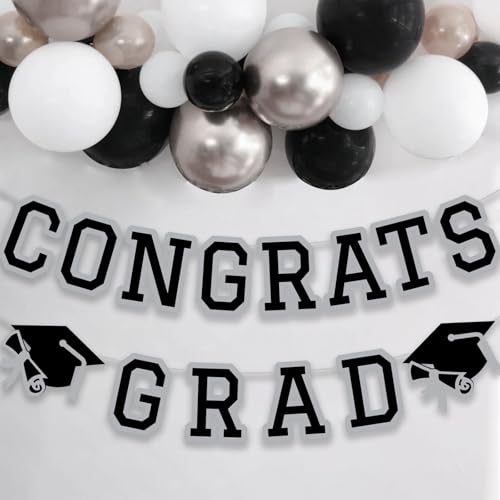 Image of Congrats Grad Banner Graduation Party Banner Decoration Hanging Garland High School College Backdrop Supplies Silver Grey