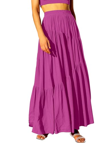 Image of ANRABESS Women's Boho Elastic High Waist Pleated A-Line Flowy Swing Asymmetric Tiered Maxi Long Skirt Dress with Pockets