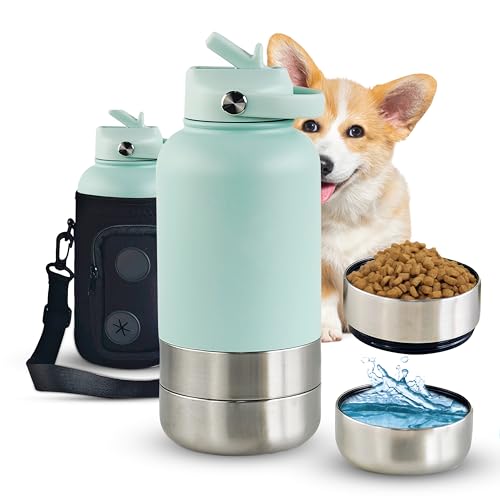 Insulated Stainless Steel 32 Oz Portable 3 in 1 Dog Water Bottle with 2 Detachable Bowls & Poop Bag Dispenser - Pet Travel Bottle with Carrying Bag for Dogs & Owners (Teal Standard)