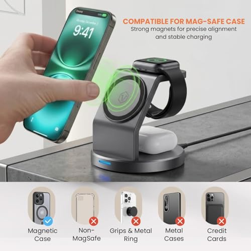 Image of Virtutron 23W Wireless Charger 3-in-1 Charging Station | Magnetic MagSafe Compatible for iPhone 17 /16 / 15 /14 / 13 /12 Plus, Pro, Pro Max Series, Airpods 3rd /2nd gen & iWatch Ultra (Black)