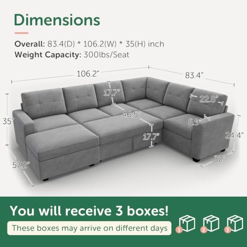 Image of HONBAY Sectional Sleeper Sofa with Pull Out Bed, 7 Seaters 106 Inch U Shaped Setional Couch for Living Room, Grey
