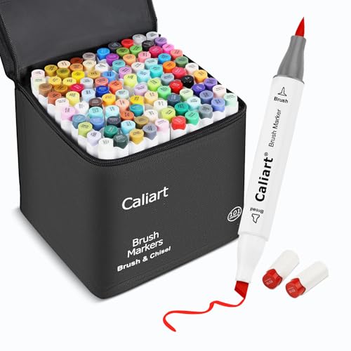 Image of Caliart 101 Colors Alcohol Markers Brush Tip, Dual Tip Brush & Chisel Permanent Art Markers for Adult Coloring Books, Drawing, Sketching, Illustration, with Carrying Case for Artists & Beginners