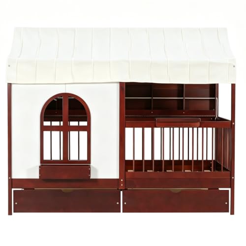 Image of House Bed with Tent and Bookshelf, 2 Drawers, USB Charging