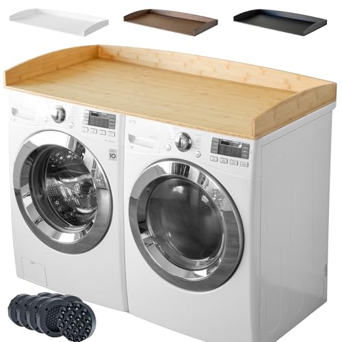 Nedura Washer Dryer Countertop for Washing Machine w/Anti-Vibration Pads&Curved Edge Rails, Bamboo Laundry Countertop, Washer Dryer Topper, Laundry Room Organization, Laundry Room Accessories-Natural