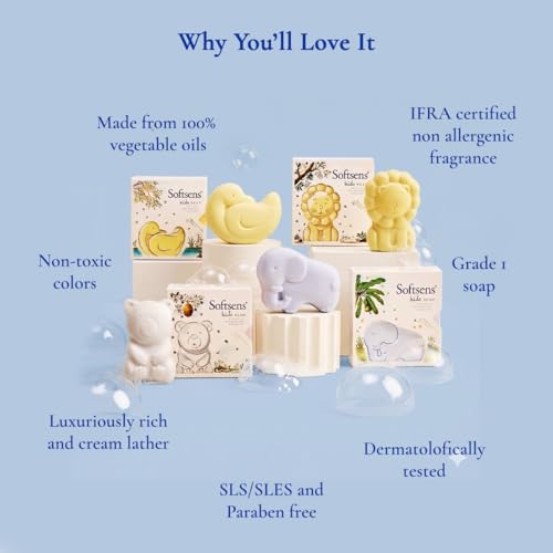 Image of Softsens Assorted Kids Soap 75g each ( Pack of 4 x 75g) | Gentle Nourishing Care with Shea Butter & Natural Milk Cream, Dermatologist Tested Baby Soap, Moisturizing Animal Shape Bar Soap For Toddlers & Kids 2-10 Years