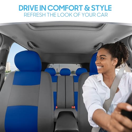 Image of BDK PolyPro Car Seat Covers Full Set in Blue & Gray - Front and Rear Split Bench Seat Covers for Cars, Easy to Install Car Seat Cover Set, Car Accessories for Auto Trucks Van SUV