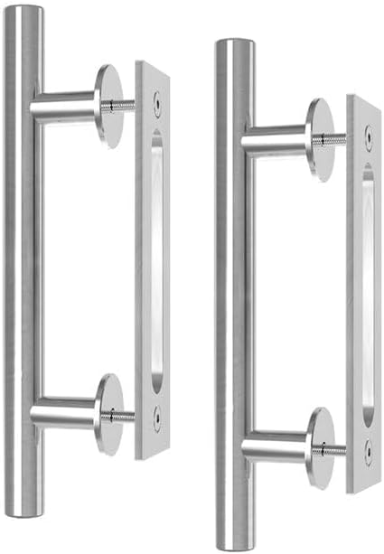ROOMTEC Heavy Duty 12" Pull and Flush Barn Door Handle Set, Large Rustic Two-Side Design, for Gates Garages Sheds Furniture, Solid Steel Material, Round, Stainless Steel(2 Pack) Silver 12"Round-2Pcs