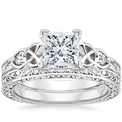 Vintage Lab Grown Diamond Princess Cut Celtic Knot Bridal Ring Sets 1-3 Carat (ctw) 10K 14K 18K Gold IGI Certified Lab Diamond Engagement Ring Sets for Women (D Color VVS Clarity)