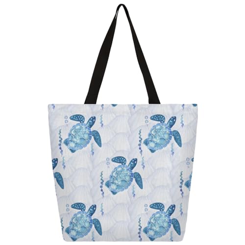Mularoka Hand Painted Sea Turtle Shells Large Capacity Canvas Tote Bag Stylish Handheld Shoulder Bag Reusable Shopping Bag for Work Travel Beach Trips Shopping