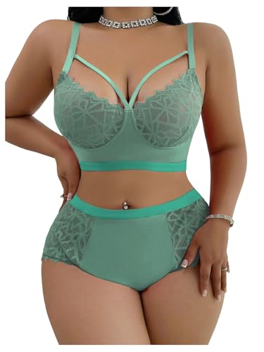 Image of MakeMeChic Women's Plus Size Lingerie Sets Contrast Lace Cut Out Wireless Bra and Panty Set