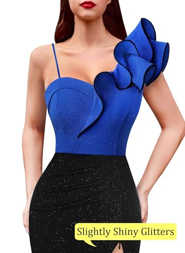 Image of VFSHOW Womens Ruffle One Shoulder Strap Ruched Formal Prom Wedding Maxi Dress V Neck Elegant Split Cocktail Evening Long Gown