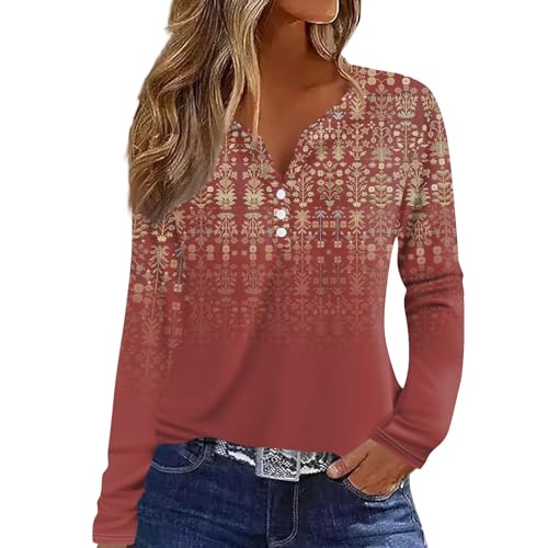 ZEFOTIM Long Sleeve Tops for Women 2024 Fall Loose Fit Trending Geometric V Neck Button Down Tops Trends Fashion Soft Shirt