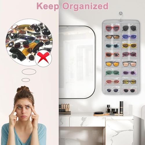 EEEKit Hängender Sonnenbrillen Organizer, 32 Taschen Doppelseitiger Brillen Schmuck Organizer Aufhänger, Staubdichter Wandmontierter Schmuck Brillen Aufbewahrungs Halter mit Haken