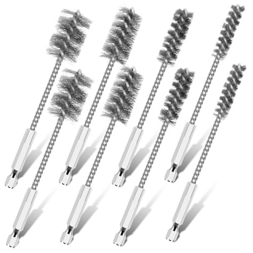 LYDODOKA 8Pcs Stainless Steel Wire Brush for Drill, 3/8 Inch 1/2 Inch 3/4 Inch 7/8 Inch Bore Brush Set, Twisted Wire Cleaning Brush with 1/4 Inch Hex Shank Rust Removal Wire Brush for Electric Drill
