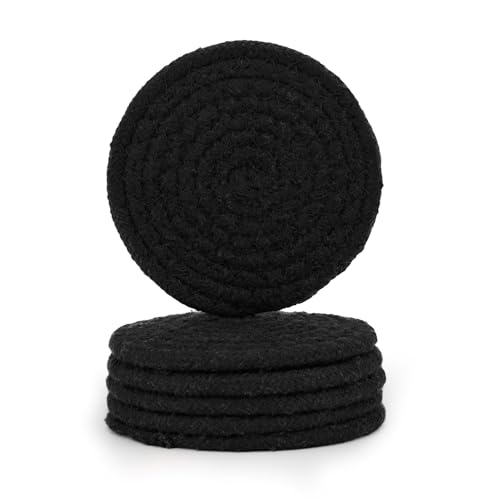 Image of Encasa XO Drink Coasters Set of 6 | Black with Round (9 cm) | Handcrafted Ribbed Cotton | Absorbent & Heat-Resistant | Use for Tea, Coffee Table & Desk