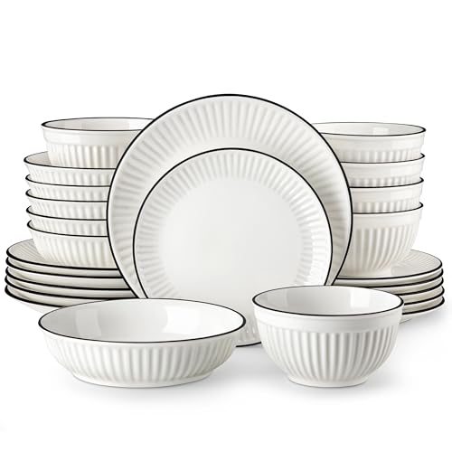 MALACASA Service de Table 6 Personnes, 24 Pièces Services de Vaisselle en Porcelaine avec 6 Assiettes à Plates, Assiettes à Dessert, Bol à Soupe, Bols à Céréales,...