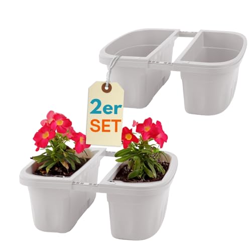 GarPet 2er Set Blumenkasten Balkongeländer Beidseitig Balkon Blumenkasten Doppelseitig Balkonkasten mit Halterung Geländerkasten mit Wasserspeicher Weiß 40 cm
