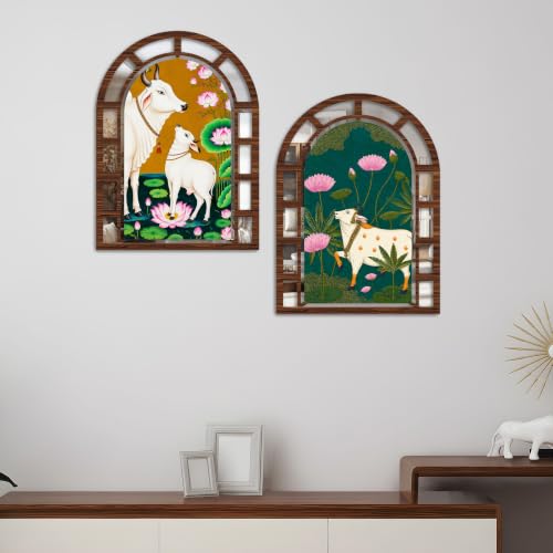 Image of Artvibes Pichwai Jharokha Mirror | Traditional Wall Hanging Decoration Item for Living Room, Hall & Bedroom | Gift for Festival (WH 12001N), Set of 2