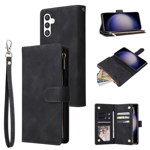 QLTYPRI Wallet Case for Samsung Galaxy S25 Case, Premium PU Leather Zipper Pocket Case with Card Holder Slots Magnetic Closure Kickstand Wrist Strap Shockproof Flip Folio Case - Black by QLTYPRI - Used condition - CA$10.59