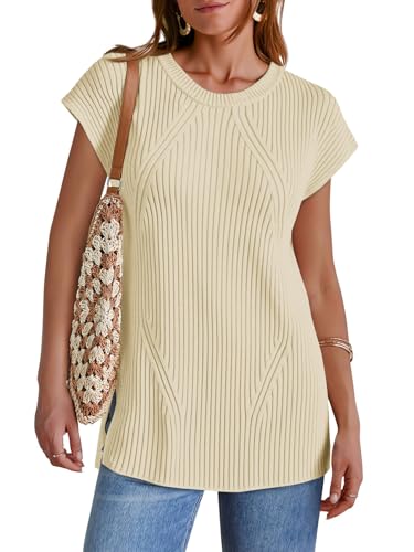 Image of Imily Bela Womens Short Sleeve Sweater Casual Crew Neck Rribbed Knit Split Pullover Summer Tunic Tops