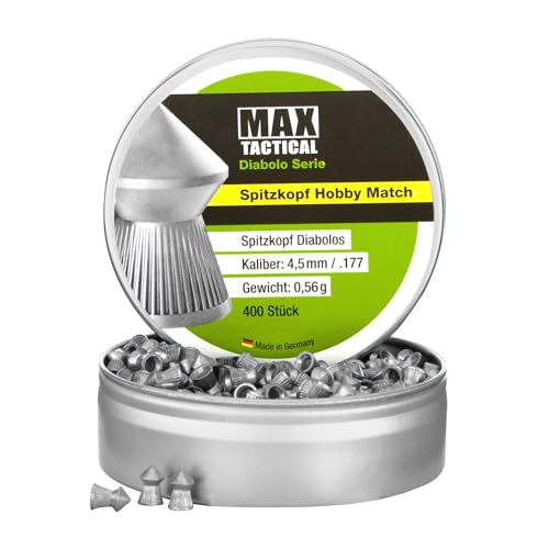 MAX Tactical Diabolos 4,5 mm Hobby Match, Luftgewehr Luftpistole Munition, Diabolo Serie Spitzkopf Rundkopf Flachkopf, Made in Germany, Metall (Spitzkopf)