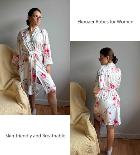 Image of Ekouaer Women Kimono Robes Knee Length Knit Bathrobe Lightweight Soft Sleepwear V-neck Casual Ladies Loungewear