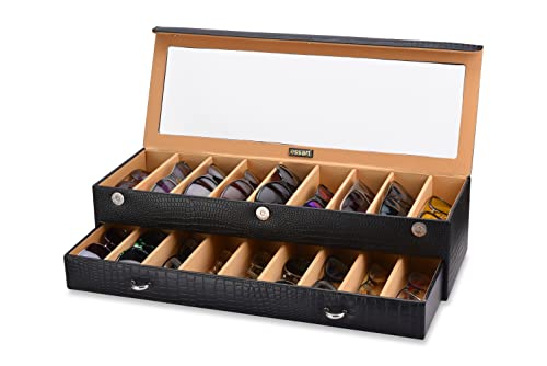 essart (Sarvika Faux Leather Croro-Finish-Print Sunglasses case for 18 Sunglasses,Double Storey Magnetic Closure sunglasses box organizer, Transparent lid Feature – 60003-B-Black