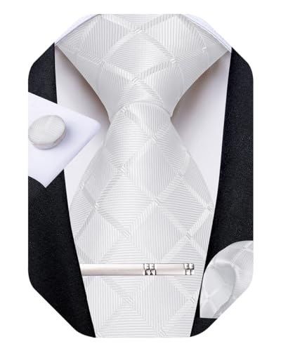 Image of DiBanGu Plaid Ties for Men Silk Checkered Necktie and Pocket Square Cufflinks Tie Clip Set with Gift Box for Wedding Business