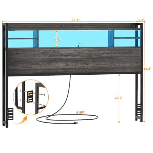Image of Aheaplus Headboard for Full Size Bed with Storage and Outlets, Black Oak | Headboards with LED Light, Power Outlets, USB Ports Full Size Head Board, Wood headboard Only Sturdy and Stable Headboards
