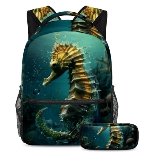 Ensemble cartable pour enfant Undersea Hippocampe bleu corail avec grand sac à dos et trousse