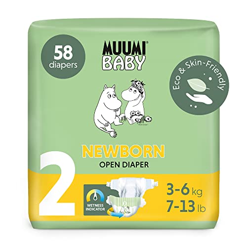 Pañales Muumi Baby Newborn Eco Talla 2, 3-6 kg, 58 pañales premium con indicador de humedad | suaves y agradables para la piel, transpirables, absorbentes, sin productos químicos innecesarios |
