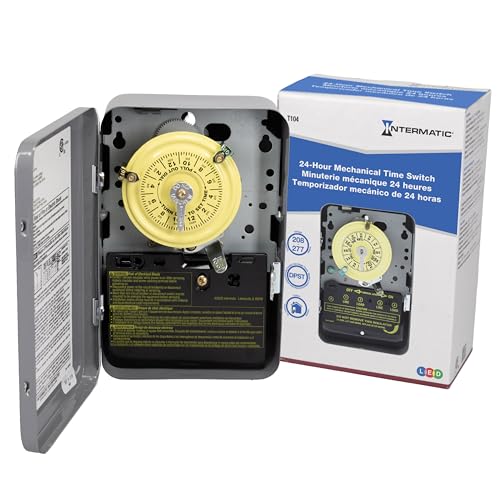 Intermatic T104 24-Hour Mechanical Timer Switch - 208–277 VAC, DPST, Indoor Metal Enclosure, Heavy-Duty, Manual Override, 40 Amp - Ideal for Lights, Pumps, Fans, and HVAC Systems