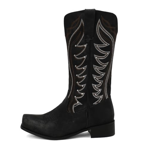 Womens Retro Embroidered Western Cowgirl Cowboy Boots Square Toe Pull On Casual Boots Mid Calf Low Heel Gypsy Boots