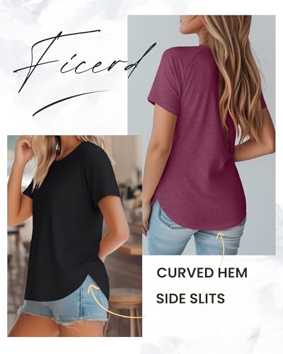 Ficerd 3 Pcs Women Short Sleeve Shirts Curved Hem Top Round Neck Tunics Side Split Summer for Women3