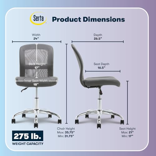 Image of Serta Essential Armless Task Chair, Small Desk Chairs with Wheels, Breathable Mesh Back and Faux Leather, Quality Foam Cushion Seat for Comfort, Minimal Design for Vanity Table, Gray