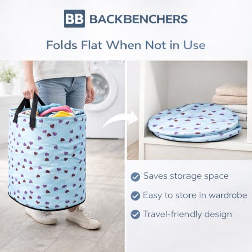 Image of Printed Laundry Basket 48L | Foldable Storage Bag with Handles | Multipurpose Clothes Hamper for Bedroom, Bathroom & Dorm | Non-Woven Fabric (Heart Print) | Blue | Pack of 1