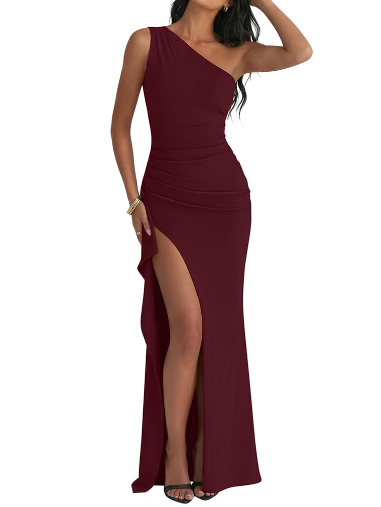 LAGSHIAN Women's Elegant Maxi Dress One Shoulder Sleeveless High Split Ruched Wedding Guest Long Dress