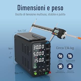 Alimentatore CC variabile, alimentatore da banco commutabile 30V,5A con ricarica rapida USB e Type-C da 20W, manopola di regolazione fine e di corasione dell'encoder, interruttore di uscita SPS-3005V