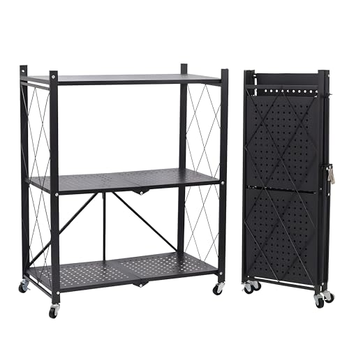COKIHOM 3-Tier Folding Shelf, No Assembly Metal Shelving Unit with