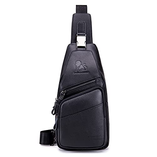 Nefli Cuero Genuino Bolsa para Hombres Bolsa de Pecho Bolsa de Hombro Casual Viaje al Aire Libre Negro Cover