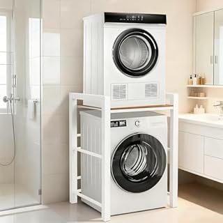 LIJYITF Scaffale per Incolonnamento Lavatrice e Asciugatrice, 3 Regolabili in Altezza,Base per lavatrice, Scaffale Sopra la lavatrice, Capacità di Carico 350 kg, Per Bagno (bianco, 75 x 65 x 105 cm)