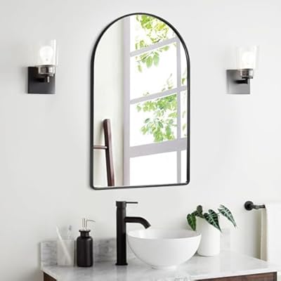 FFHOME Wall Mirrors Matte Black Metal Frame Mirror,18 * 29inch Arched Bathroom Mirror,Wall Mirror with Seamless Frame,Bathroom Mirrors for Over Sink in Farmhouses, Bathrooms,Living Room