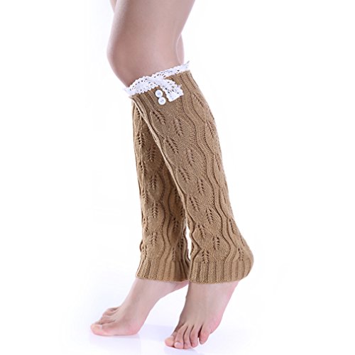 Linkshare Women'S Knee High Knit Crochet Lace Mesh Trim Leg Warmers Topper Boot Socks One Size Khaki cover