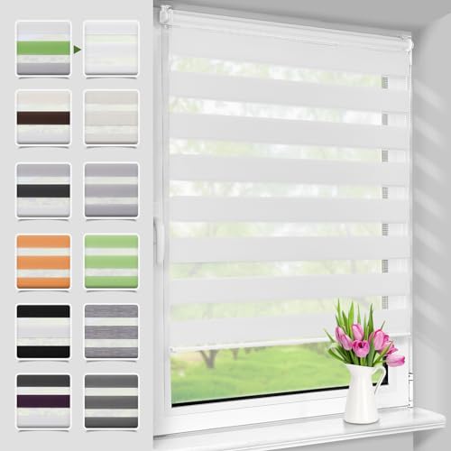 Deswell Store Enrouleur Jour Nuit sans Perçage, Tamisant pour Fenêtre ou Porte, Installation Facile avec Clips, 55 x 150 cm (Largeur du Tissu 51 cm), Blanc