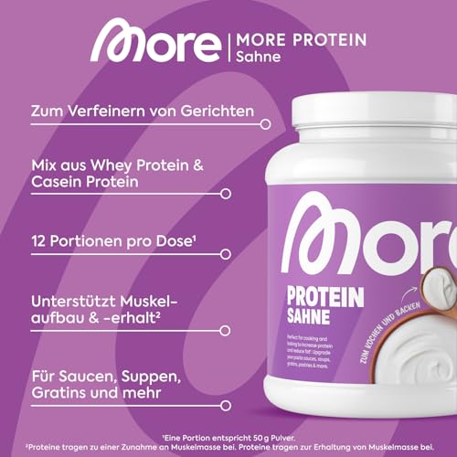 MORE Protein, Sahne, 600 g, Mix aus Whey Konzentrat und Casein ideal zum Muskelaufbau und -erhalt, mit Laktase, perfekt zum kochen & backen - made in Germany (Verpackung kann variieren)