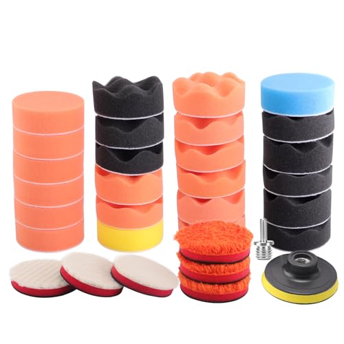 ZFE Drill Polishing Kit for Car 3(80mm) 32Pcs Car Foam Buffing Pads Wool Pads Drill Buffing Pad Wax Buffer Polisher Attachment with 5/8-11 Thread Backing pad & Adapters