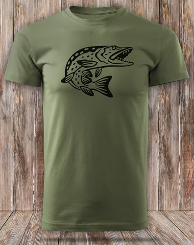 HUNT-G61 - Koszulka dla wędkarza - T-shirt męski - z Bawełny, Wygodny Krój - Idealny Prezent dla Wędkarzy, Mężczyzn, Chłopców, Pomysł na Prezent Urodzinowy - Zielona, Moytyw Szczupak - S