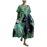 MARSVOVO Summer Dress Japanese Dress for Women Cute Cat Graphic Crew Neck Puff Short Sleeve Casual Pleated Shift Midi Empire Waist A-Line Plus Size Linen Dresses,5XL